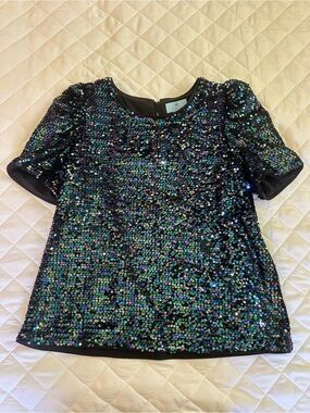 Sequin Short Sleeve Top - Black with Iridescent Sequins